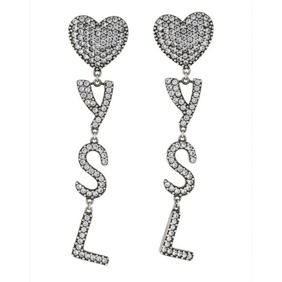 SAINT LAURENT Opyum YSL Heart Earrings Crystal Drop Metal Silver OS NEW BOX DUST - Picture 1 of 7